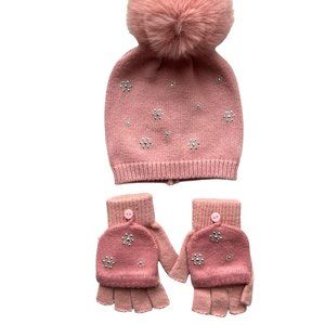 Women Pink Pom-pom Hat & Fingerless Gloves Set with Silver Rhinestone Snowflake
